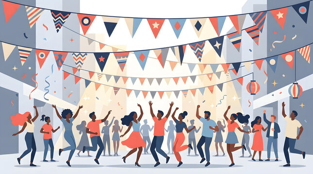 Festive Celebration Under Bunting: A lively illustration of a diverse crowd dancing and celebrating joyfully under colorful bunting, streamers, and lanterns in an urban setting.