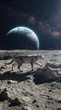 Cat lunar surface moon rock space exploration Earth planet starry sky Milky Way animal walking extraterrestrial gray fur night scene cosmic background rocky terrain feline outer space natural