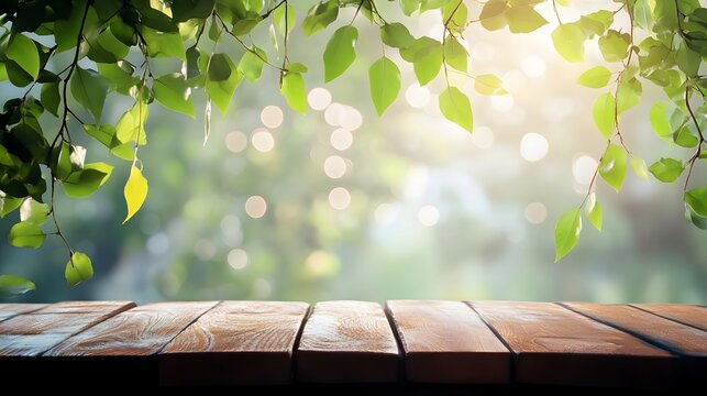Empty wooden table top with blurred green leaf and bright sunlight bokeh background.