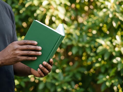 Person of African descent holding green hardcover book outdoors with blurred foliage background, suitable for education, reading, literature, and learning concepts.