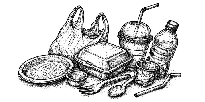 Detailed vintage engraving of common disposable plastic food packaging and drink containers, highlighting pollution, recycling, and environmental awareness.