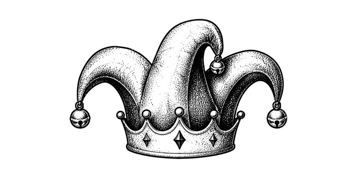 Classic vintage engraving of a traditional jester hat with bells, perfect for carnival, medieval festivals, theater, comedy, and festive celebrations.
