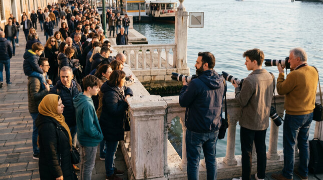 Crowd gathered for celebrity viewing along the waterfront in Venice  