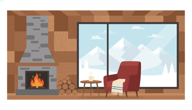 Cozy cabin interior featuring a stone fireplace, a crackling fire, a comfortable red armchair with a blanket, and snowy mountain views.