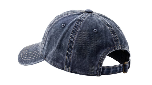Vintage washed navy blue baseball cap, distressed denim cotton dad hat, blank adjustable sports headwear isolated on white background