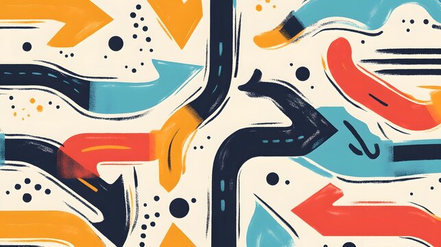 Abstract road map background with thick colorful arrows and textured paths for navigation concepts.