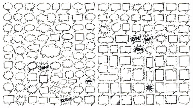 Hand draw comic speech bubbles and thought balloons doodle set