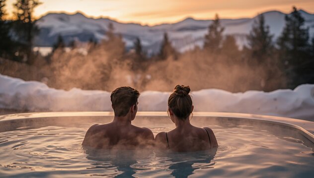 Romantic winter spa experience couple relaxing in outdoor hot tub