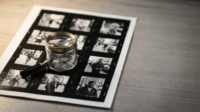 Magnifying glass over vintage contact sheet with black and white film negatives. Photographer examining archival images. Retro photography concept and classic analog media development.