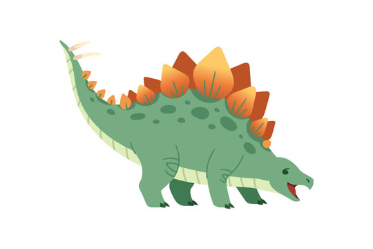Cute cartoon stegosaurus dinosaur standing with open mouth. Green prehistoric reptile character with orange back plates and tail spikes. Flat vector illustration isolated on white background.