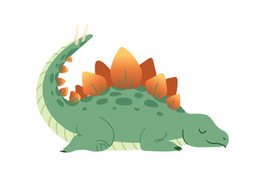 Cute cartoon stegosaurus dinosaur sleeping peacefully. Green prehistoric reptile character with closed eyes, orange back plates, and curved tail. Flat vector illustration isolated on white.