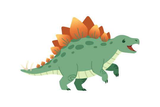 Cute cartoon stegosaurus dinosaur running fast. Green prehistoric reptile character with orange back plates, spots, and moving legs. Flat vector illustration isolated on white background.