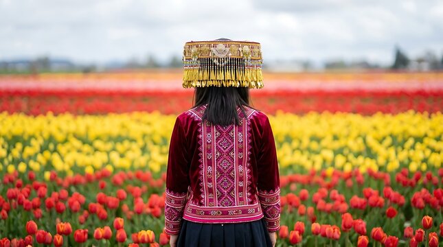 Hmong woman in traditional clothing standing in tulip field