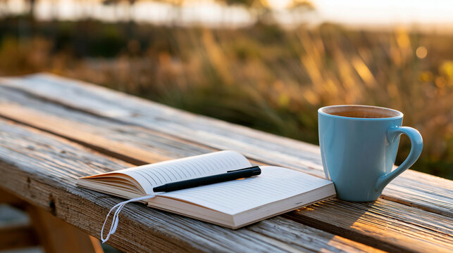 Rustic wooden bench with a journal, pen, and coffee mug at golden hour, mindful journaling, reflective wellness practice, with copy space