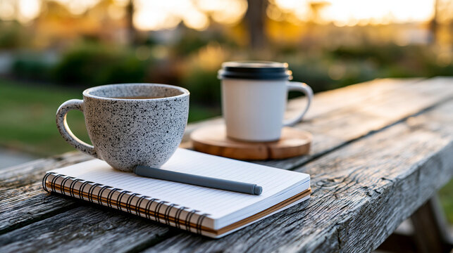Rustic wooden bench with a journal, pen, and coffee mug at golden hour, mindful journaling, reflective wellness practice, with copy space