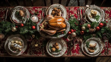 Fototapeta premium Roasted turkey centerpiece on a Christmas dinner table.