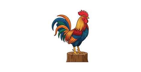 Rooster Standing on Tree Stump Vector Illustration © Barokah