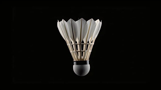 Professional white badminton shuttlecock with feathered design and dark base, captured against a clean, isolated black background, ready for athletic sports play.