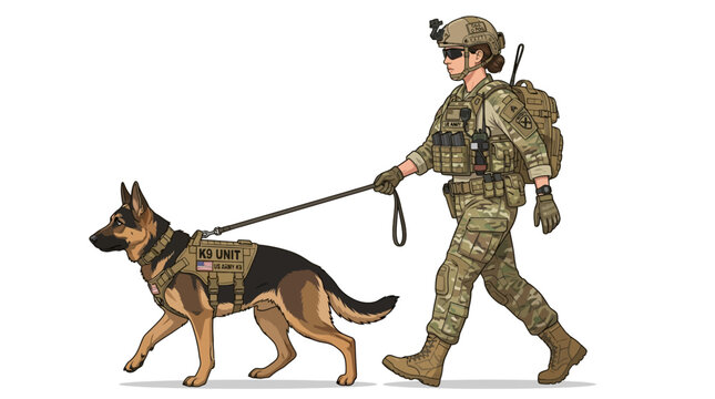 Female Soldier with German Shepherd K9 Unit Vector Illustration