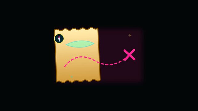 Animated paper map scrolling with cartography tools features for a columbus day concept showing navigation progress path lines and a marker symbol on dark background