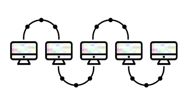 Minimal line icon of five computer monitors linked by a wavy dotted line representing distributed network system for professional design projects