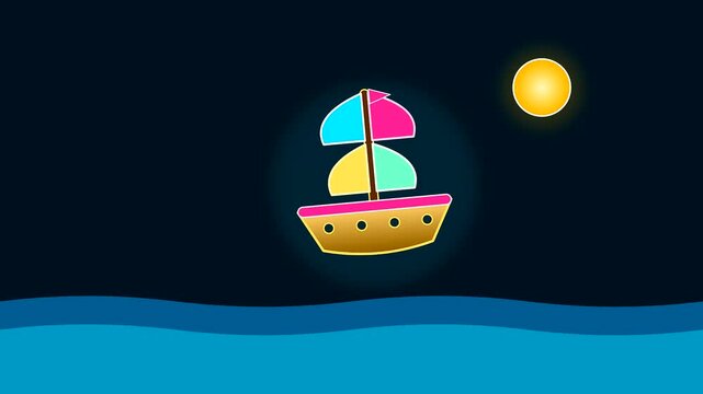 Minimalist graphic of a wooden sailboat navigating ocean waves at night using cartography tools for columbus day as a symbol of early maritime exploration history
