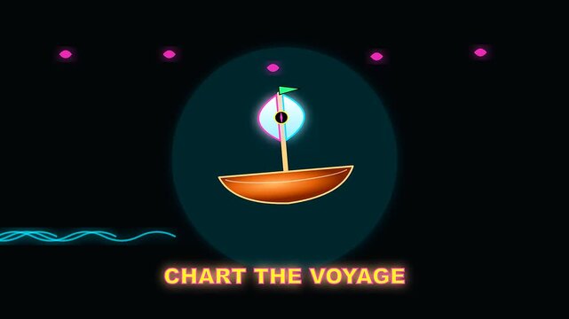 Minimalist sail boat illustration animation utilizing diverse cartography tools to celebrate columbus day navigation themes through a sequence of motion graphics on a dark digital canvas