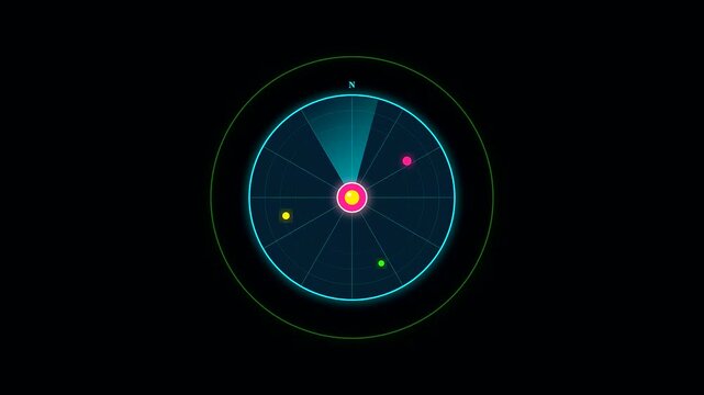 a circular digital radar interface displays pulsing glowing dots while rotating scanner beams simulate classic cartography tools used to navigate during a typical columbus day voyage