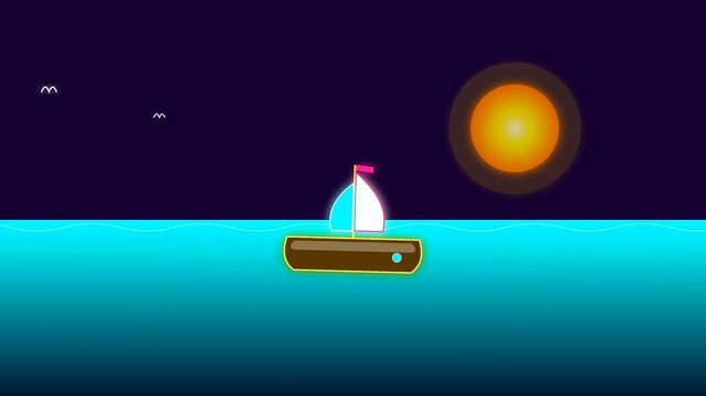 Minimalist sail boats navigate dark waters at sunset using cartography tools for columbus day maritime travel exploration within this stylized flat vector animation graphic composition