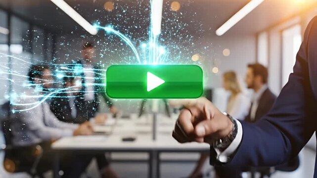 Finger touching digital play button overlay in office meeting.