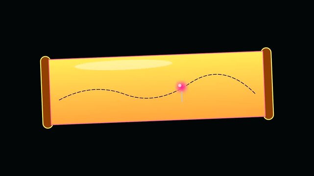 Animated navigation pin traversing a dotted path over scroll parchment using old cartography tools to mark historical columbus day voyage routes across a digital antique map