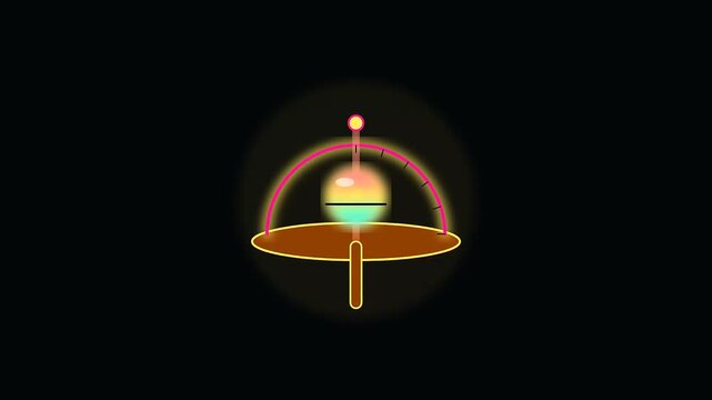 Digital compass needle oscillation shows navigation metrics and columbus day cartography tools in this rhythmic motion sequence of spherical floating light sensors against solid black