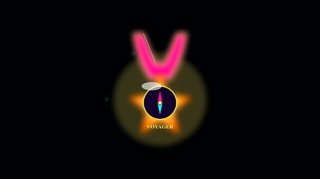 a glowing digital badge showcasing navigation instruments and compass imagery for historical columbus day celebrations featuring vintage cartography tools styled with bright neon pink and amber colors