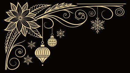 Fototapeta premium Elegant Gold Christmas Corner Border with Ornaments and Poinsettia