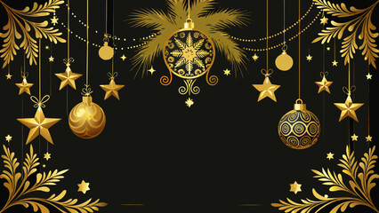 Fototapeta premium Elegant Golden Christmas Ornaments on Black Background