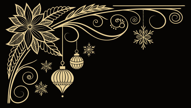 Elegant Gold Christmas Corner Border with Ornaments and Poinsettia