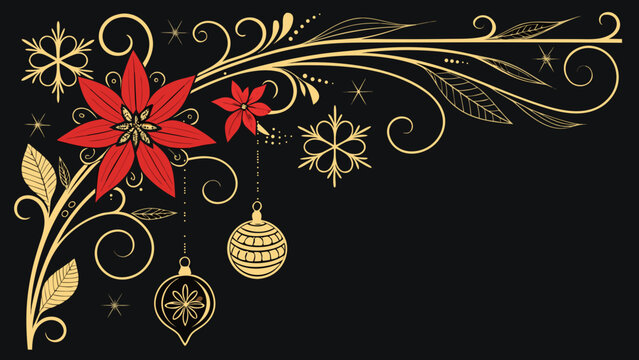 Christmas Poinsettia and Gold Floral Decoration on Black Background