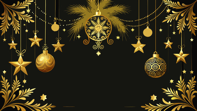 Elegant Golden Christmas Ornaments on Black Background