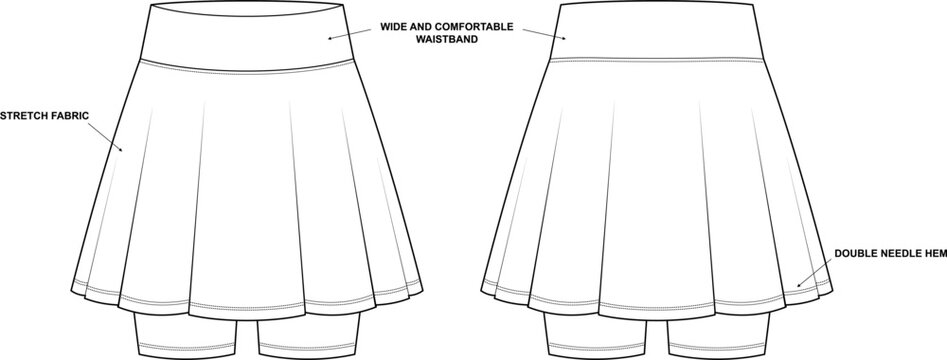 Technical fashion flat sketch of a women's knee-length flared fitness skirt with built-in shorts and side pockets, presented in front, back, and side views.