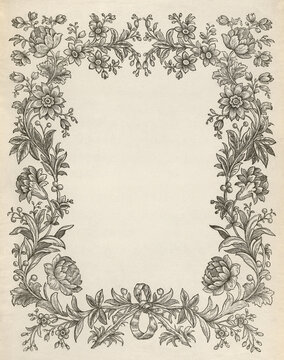 Vintage floral frame illustration on aged antique paper background. Classic botanical engraving style with intricate flowers.