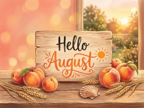 Summer Harvest. Hello August sign with fresh peaches and wheat stalks on a rustic wooden table, seasonal greeting card for late summer
