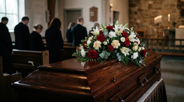 Funeral Service. Floral arrangement on a wooden casket in a church, mourning people standing in the background during a memorial ceremony