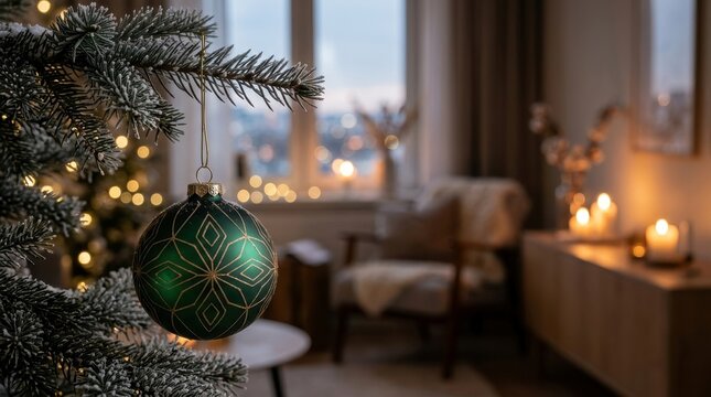 Green patterned Christmas ornament hanging on a snowy pine branch in a cozy living room with blurred warm candlelight and evening window view, holiday home decor and seasonal atmosphere