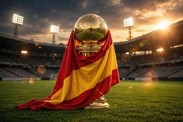 Fototapeta na wymiar Golden World Globe Trophy draped in a Spanish flag on a stadium pitch, symbolizing a football championship victory, representing international sports success and national pride