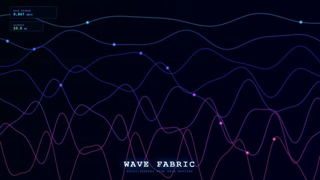 This futuristic visualization of edge data processing shows glowing pulses flowing through a network of colorful wave patterns representing high speed digital communication and connectivity.