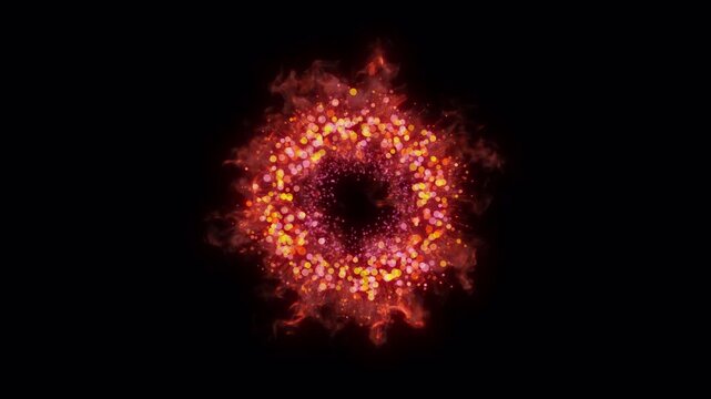 Fuchsia and Orange Particle Shockwave Explosion with Fiery Plasma Ring and Glowing Orbs, VFX MOV on Transparent Background with Alpha Channel