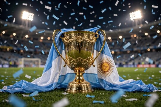 Gold Championship Trophy draped in Argentine flag on stadium grass with falling confetti, celebrating a historic football victory and national sporting success