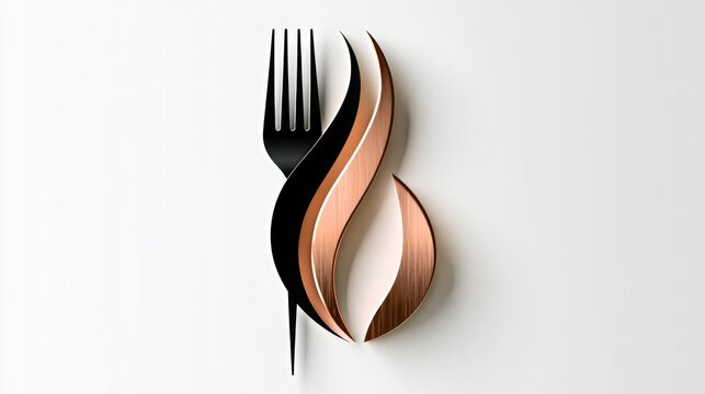 Modern abstract logo design presenting a sleek black fork intertwined with a dynamic copper and black flame. Symbolizing gourmet cuisine. Restaurant branding