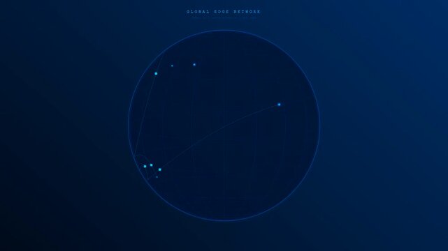 This sophisticated visualization of edge data processing features glowing nodes and fiber optic lines moving across a rotating digital globe in a dark space.