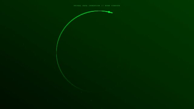 This futuristic animation shows edge data processing occurring in a green digital interface as a spiral cursor traces a path on a dark textured background